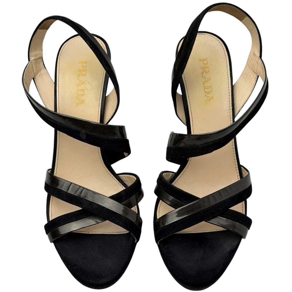 PRADA Milano Women's EU 36.5 Black Suede Patent Leather Strap Heels Italy Luxury